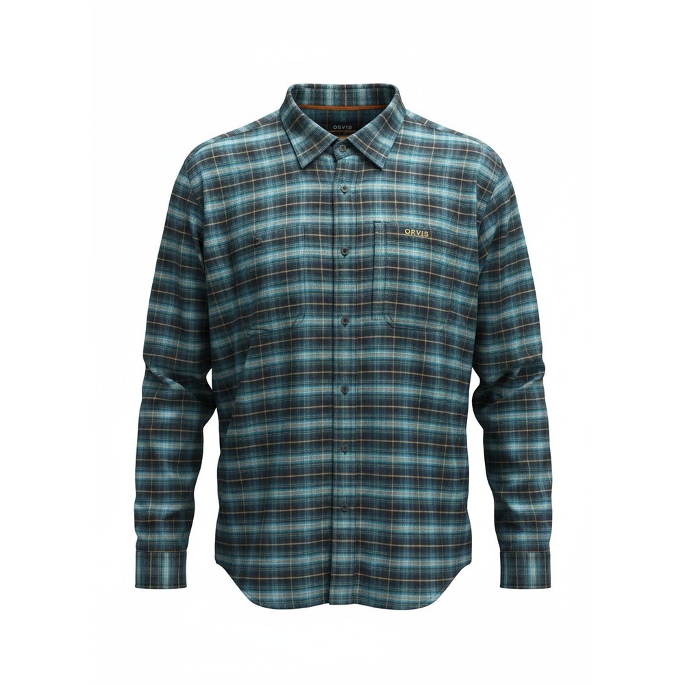 Orvis Mens XXL Active Fit Flannel Shirt Blue Teal Gold Plaid Zip Pocket Long Slv